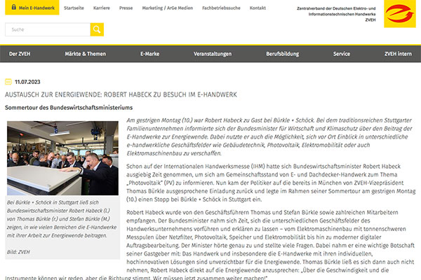 Bericht des ZVEH über den Besuch von Robert Habeck bei Bürkle + Schöck